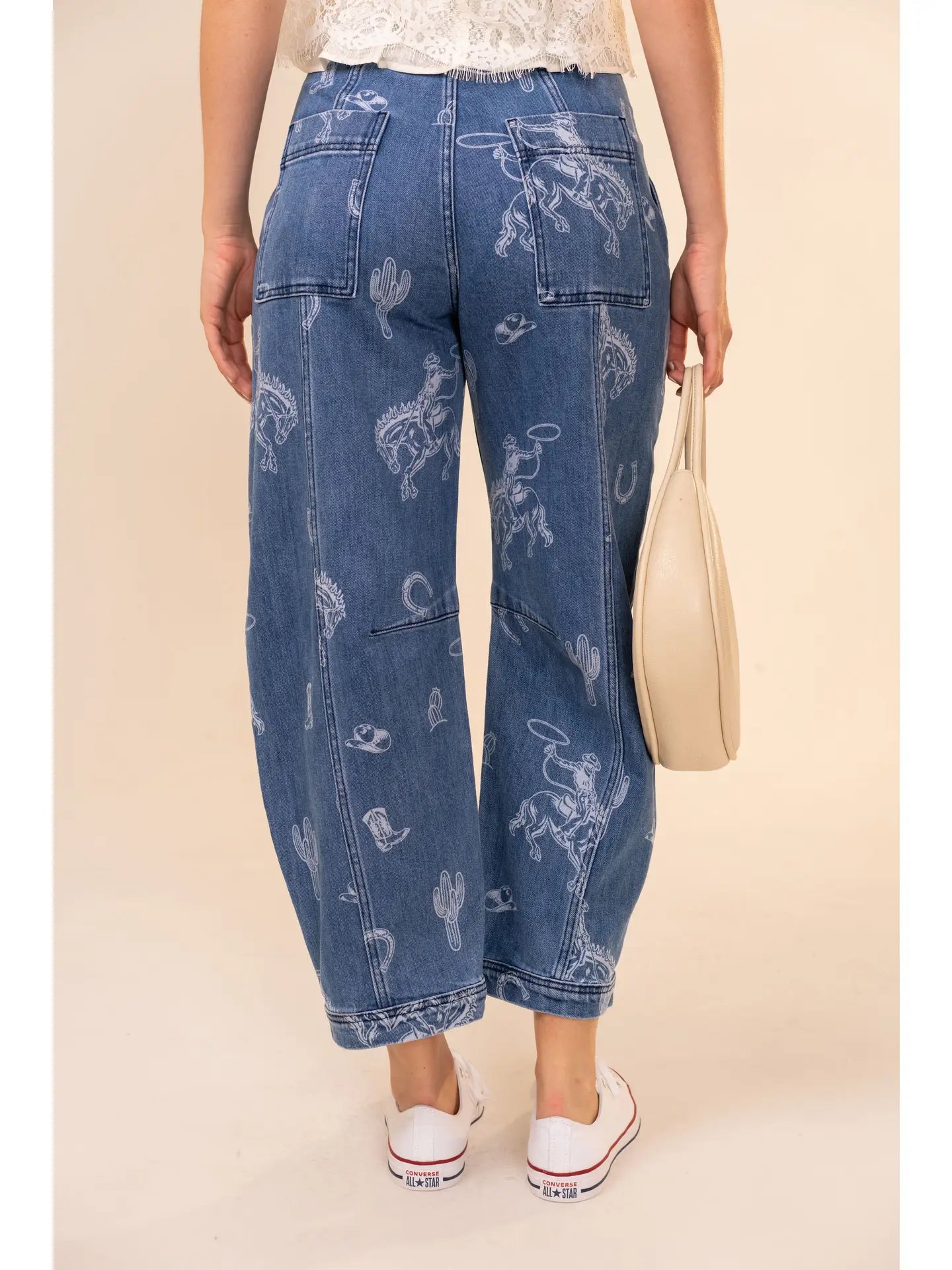 WESTERN PRINT BARREL JEANS -SHIPS 8/24