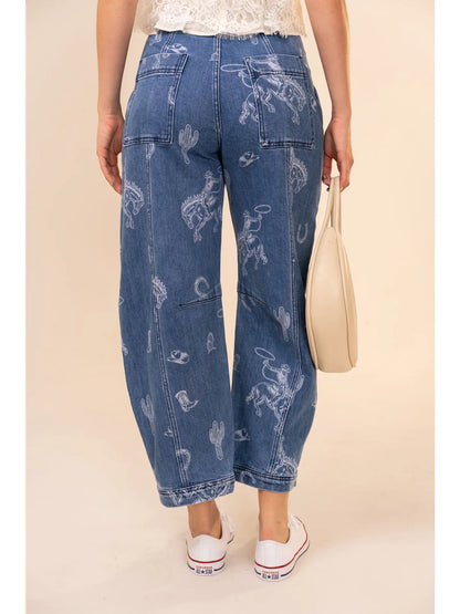 WESTERN PRINT BARREL JEANS -SHIPS 8/24