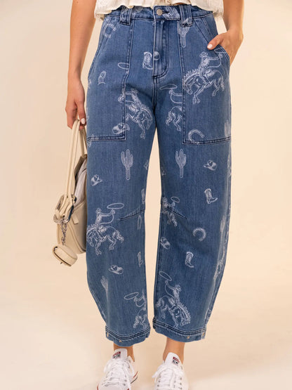 WESTERN PRINT BARREL JEANS -SHIPS 8/24