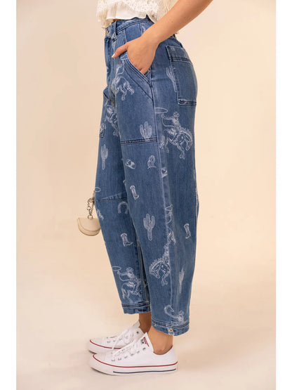 WESTERN PRINT BARREL JEANS -SHIPS 8/24